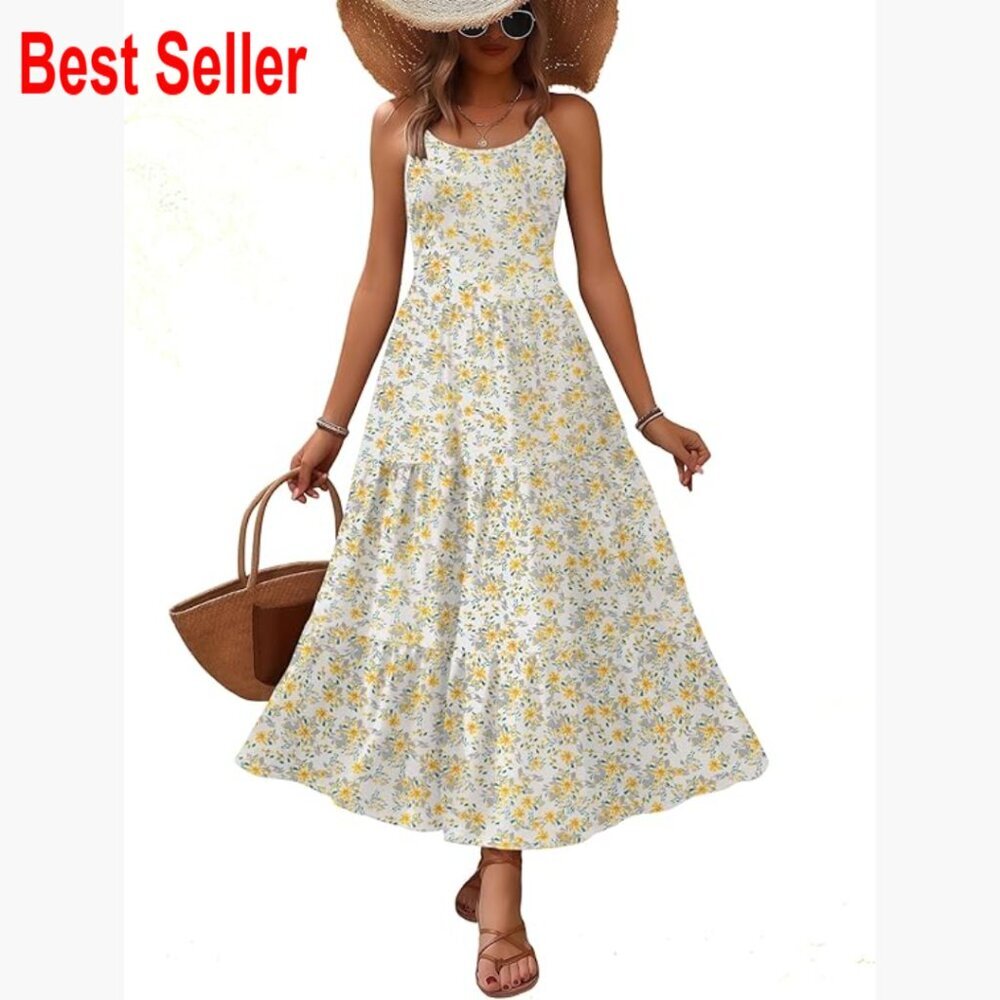 Polyester Spandex Maxi Dress Adjustable Spaghetti Strap Tiered Pockets